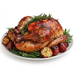 Fototapeta premium Turkey for Thanksgiving. Roast turkey illustration. Baked chicken for dinner. Fried chicken in the oven. Dish for Christmas. Fried meat.