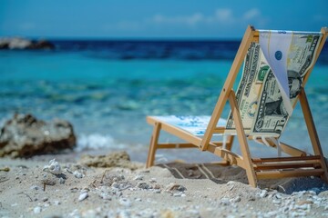 Fototapeta premium Fifty Euro bills on beach lounger by blue lagoon.