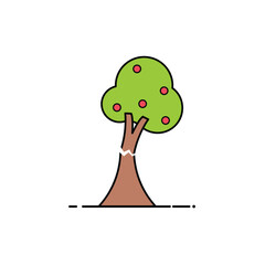 Fruit tree trunk with cracked red fruit and vibrant green leaves