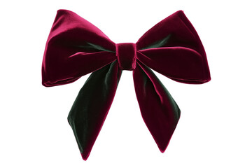 Deep red and green tied velvet bow for gift package decoration isolated on transparent and white background, PNG image.