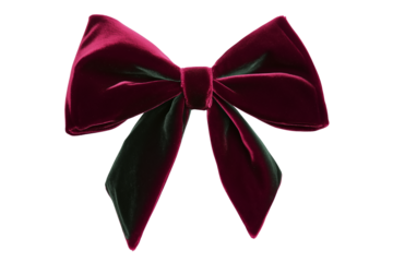 Deep red and green tied velvet bow for gift package decoration isolated on transparent and white background, PNG image.