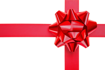 Red packaging ribbon with bow for gift package decoration isolated on transparent background, PNG image, cut out