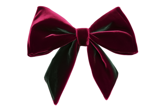 Deep red and green tied velvet bow for gift package decoration isolated on transparent and white background, PNG image. - Powered by Adobe