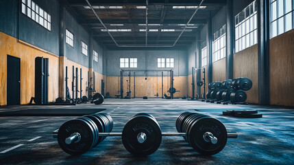 Weightlifting area with bumper plates, kettlebells, and squat racks.