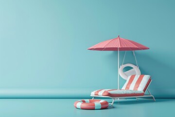 Summer vacation concept with beach accessories on blue background.