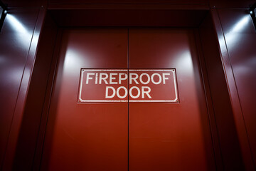 Fire alarm evacuation installation concept. A fireproof door with a clear sign, providing crucial safety information in a commercial or industrial setting.