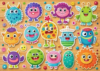 Obraz premium Adorable Collection of Cute Little Monster Stickers Perfect for Kids' Crafts and Scrapbooking Projects, Featuring Whimsical Designs and Bright Colors for Fun Expressions