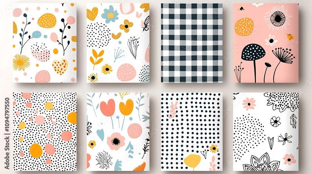 Poster vibrant spring themed abstract floral patterns in colorful vintage style with checkered backgrounds 