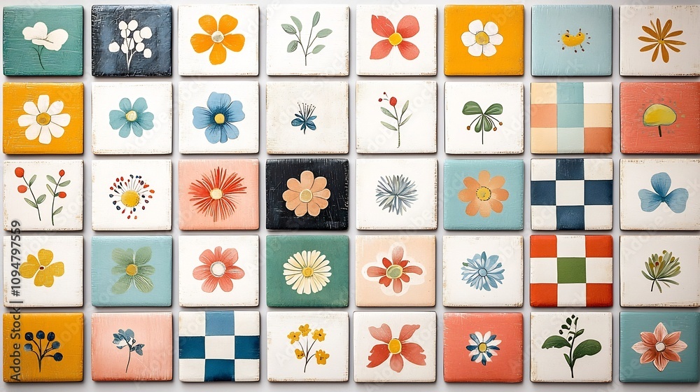 Aufkleber vibrant and whimsical abstract flower patterns in a retro inspired vintage style featuring a checker