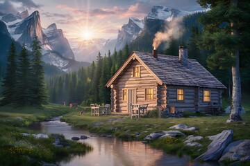 Fototapeta premium Peaceful log cabin nestled in a mountain valley at sunrise