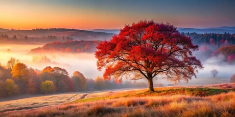 Fototapeta premium Solitary Leafless Tree in Colorful Autumn Landscape with Misty Background Evoking Calm and Solitude