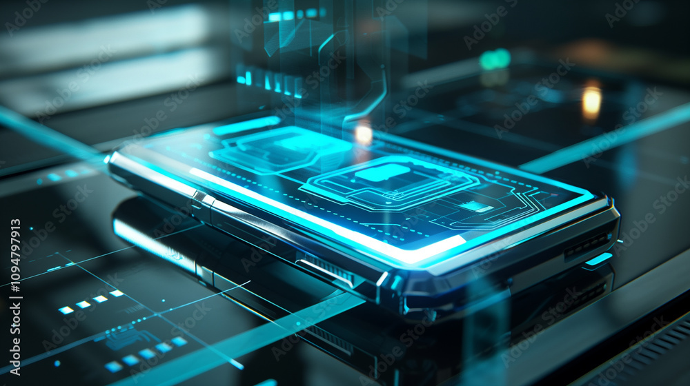 Poster a sleek smart device projecting holographic shields around sensitive files, visualizing personal dat