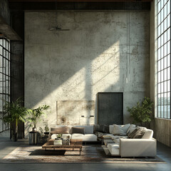 Fototapeta premium Modern industrial living room design urban loft interior decor spacious environment natural light contemporary style