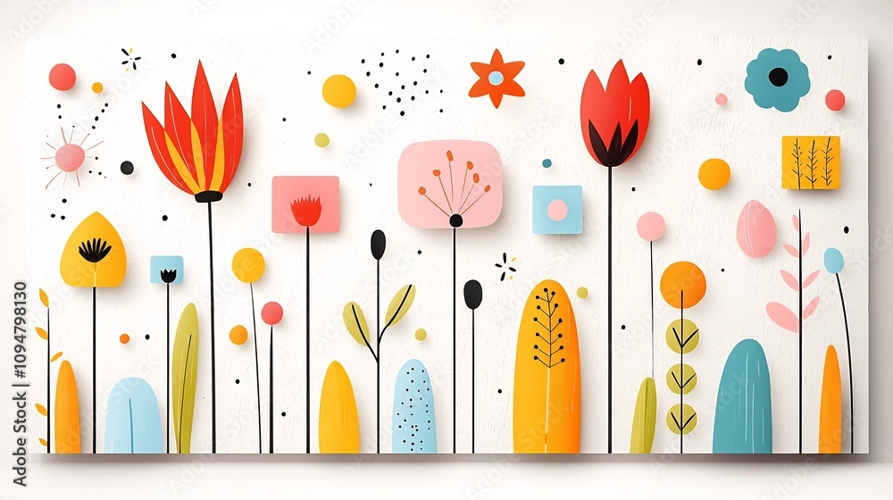Aufkleber Vibrant abstract floral art featuring bold geometric patterns in a range of colorful vintage tones perfect for spring themed postcard sticker and decorative textures