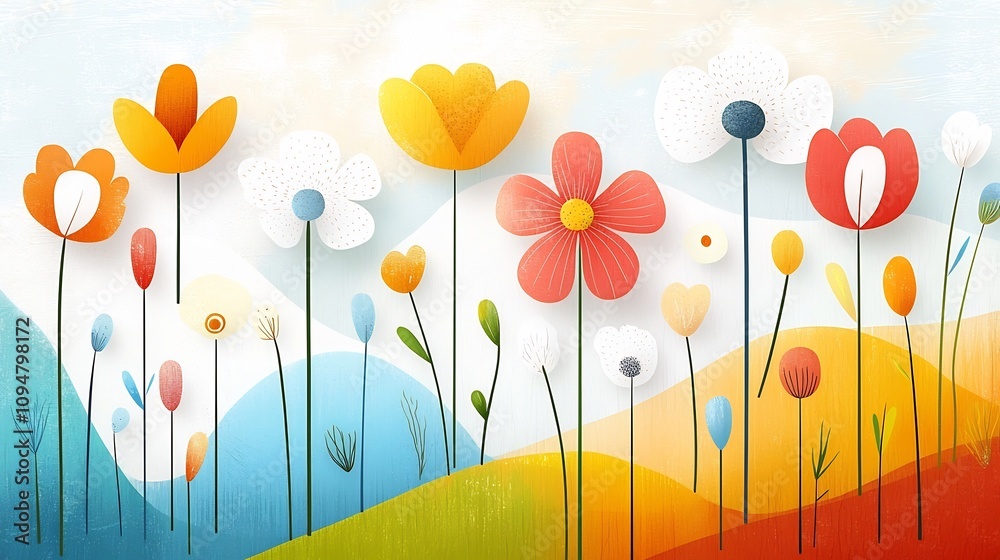Poster vibrant and modern abstract floral art design featuring bold geometric patterns in a colorful vintag