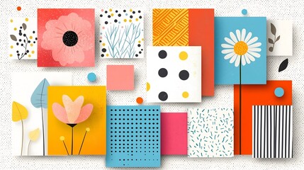 Stunning abstract floral art with bold geometric patterns in a colorful vintage inspired color palette perfect for spring season postcard designs decorative sticker textures