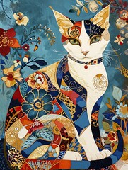 cat in the art style of bold colors and quilted patterns, whimsical designs, burgandy and blue earthtone colors, Bright Gold foil floral accents, dotted, dadaism, the helsinki school, fashion illustra