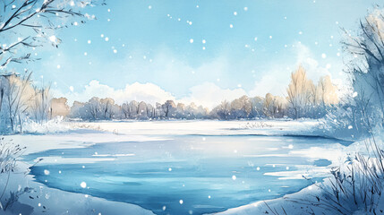 A dreamy watercolor painting of a snowy landscape, with a frozen pond reflecting the clear blue sky and snow-covered trees framing the horizon.