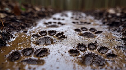Fototapeta premium Animal tracks are visible in the muddy ground, revealing life in the tranquil woods after rain