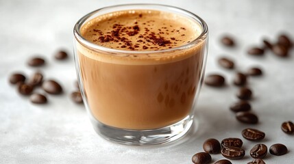 A fresh cup of coffee and scattered beans evoke a warm, inviting atmosphere