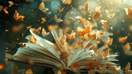 A magical scene with a book open, releasing a swarm of butterflies that flutter and dance in the air.