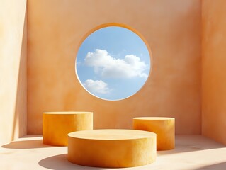 Minimalist peach room with three cylindrical displays and a circular window showing a blue sky.