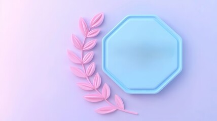 Fototapeta premium A pastel-colored design featuring a blue octagonal shape and a pink leafy branch, creating a soft, modern aesthetic.