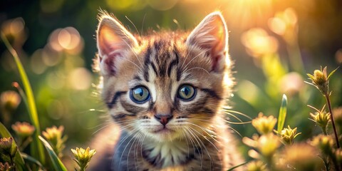Obraz premium Adorable Kitten with Melancholic Eyes Surrounded by Nature's Beauty – Macro Photography Capturing the Essence of Feline Emotions and Serenity