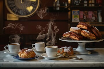 Obraz premium Aromatic Coffee and pastries in a cozy cafe.