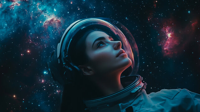n introspective woman floating in the vastness of outer space