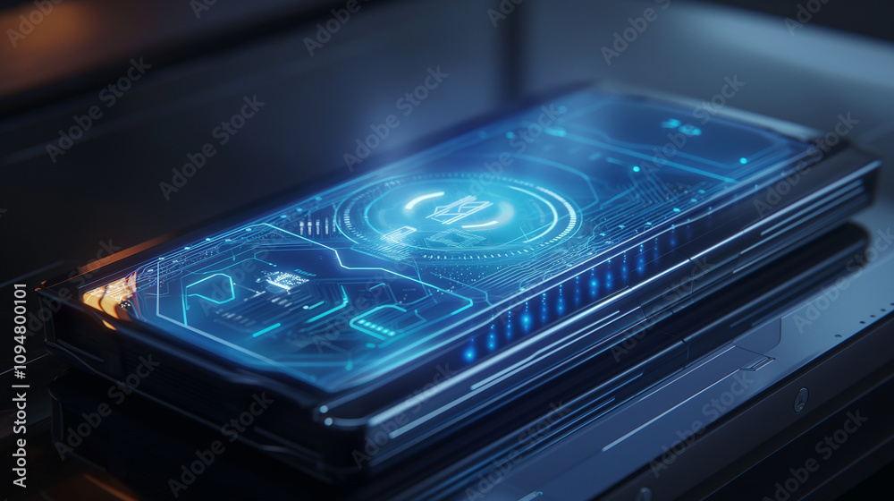 Poster a sleek smart device projecting holographic shields around sensitive files, visualizing personal dat