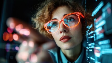 Woman with glowing glasses interacting with digital interface in a modern workspace