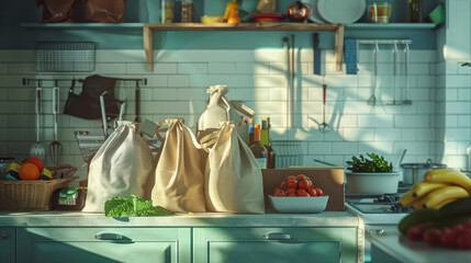 A collection of large shopping bags stacked with groceries, displayed in a functional kitchen setting