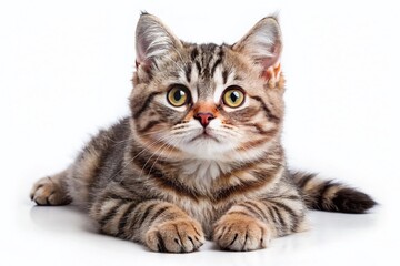 Obraz premium Adorable Portrait of a Cute Lying Cat on White Background Perfect for Pet Lovers and Cat Enthusiasts, Showcasing Fluffy Fur and Playful Expression Ideal for Marketing and Decor