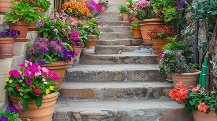 A staircase flanked by potted plants, their vibrant blooms adding bursts of color against the backdrop of smooth stone steps.