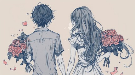 A young anime couple enjoys a romantic moment in a serene park.