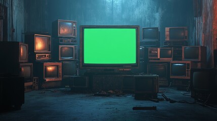 Old TV Stack in a Dark Room with Green Screen