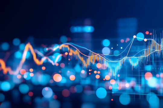A blurred background with a blue finance graph and investment bar, showcasing growth and success in the market with technology currency reports chart. Business stock world economy AI computer