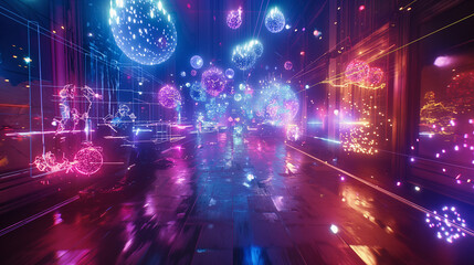 Fototapeta premium A vibrant visualization of quantum cryptography in action, with glowing AR particles encrypting data streams in a 3D holographic environment.
