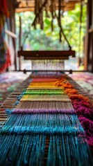 Colorful threads on a backstrap loom in Lombok display the intricate weaving process