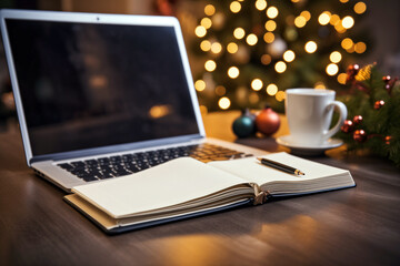 Fototapeta premium Sparkling New Year?s resolution notebook with pen and festive decor