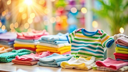 Fototapeta premium Adorable Tilt-Shift Photography of Colorful Infant T-Shirts in a Playful Setting, Perfect for Stock Images of Baby Clothing and Accessories