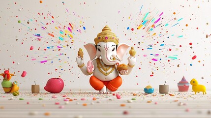 Cosmic Portrayal of the Hindu Deity Lord Ganesha Holding Symbolic Objects Amidst Flowing Multicolored Bursts Creating a Festive and Divine Cosmic Ambiance