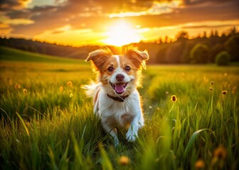 Adorable Young Dog Frolicking in a Golden Hour Sunset Field in Canada, Captured in Long Exposure for a Dreamy Effect, Showcasing Nature's Beauty and Playfulness