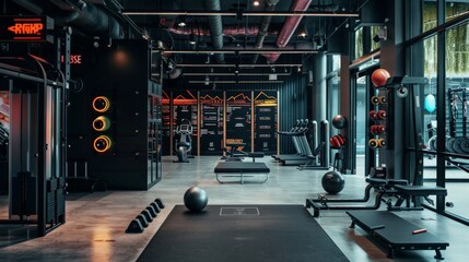 Dynamic fitness training session modern gym interior design urban environment wide angle view health and wellness focus