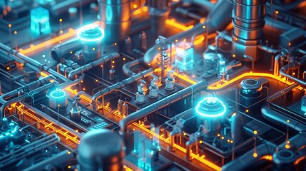 Industrial innovation showcase futuristic tech infrastructure digital realm high-impact visualization cybernetic environment top-down perspective