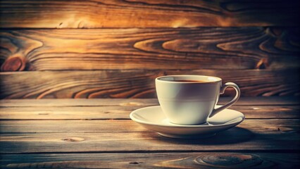 Obraz premium Vintage Style Coffee Scene with White Cup and Saucer on Rustic Wooden Table