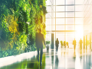 	
Abstract long exposure motion crowd business people walking commercial centre corporate green office in modern city lobby. Green sustainability natural light indoor plants garden environment