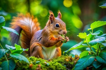 Fototapeta premium Aerial Drone Photography of a Squirrel Eating Nuts in a Lush Forest Setting, Capturing Nature's Delicate Moments with Stunning Detail and Vivid Colors