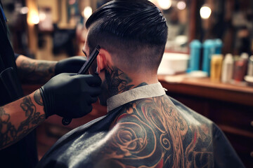 A man receiving a classic haircut with clippers, retro barbershop atmosphere.